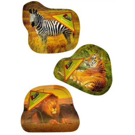 Fa puzzle, vadállatos, 3-féle: tigris, zebra, oroszlán, 5 db-os, 20 cm