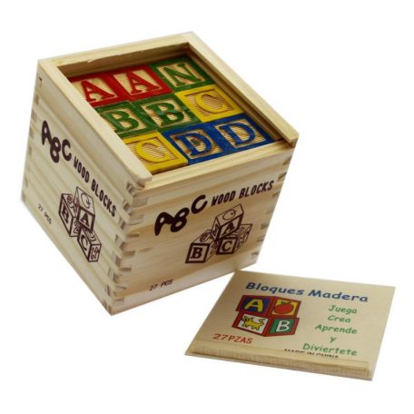 Fa ABC kocka klt., 27 db betű, angol ABC, 11x11 cm fa tartóban