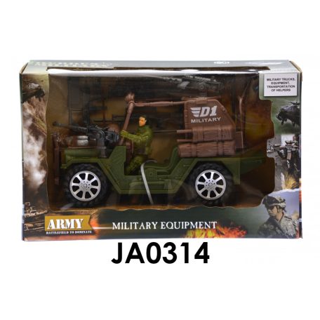 Katonai autó, jeep + fig., 28x17 cm dob.