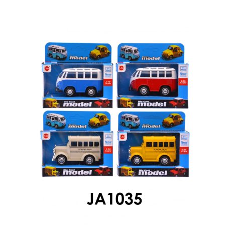 Fém mikrobusz/iskolabusz, VW, belátós, ajtónyit., lend., 2 féle, 3 szín, 14x9+ cm dob.