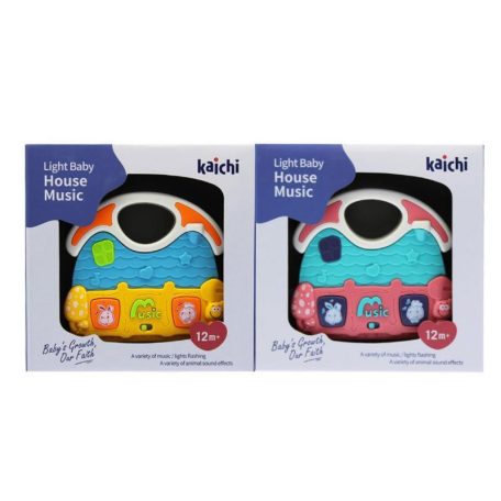 Zenélő bébi játék, el., hangszabályzós, ház, 2 féle, 18x17 cm dob. (2xAA)