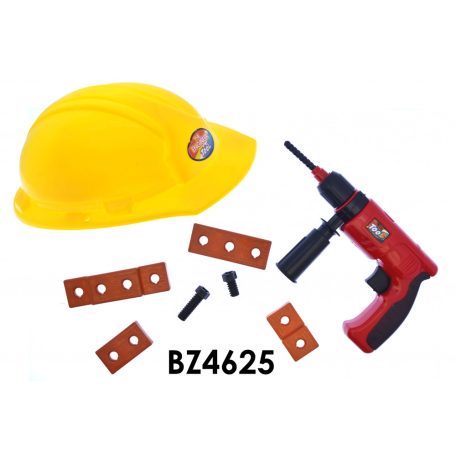 Szerszám klt. + sisak, +fúrógép, 25 cm, hálós